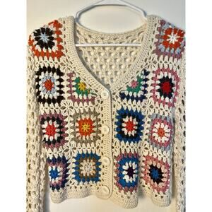 Crochet Colorful Granny Square Cardigan Womens M Boho Festival Ivory Crop Button